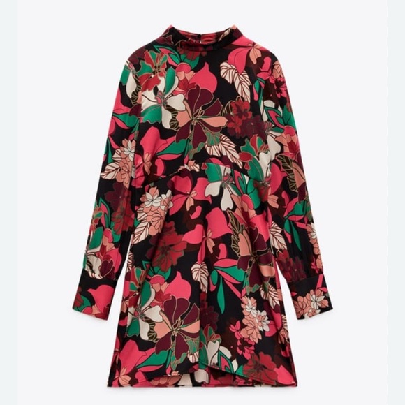 ZARA short floral dress with long sleeves and satin effect size L NWT - Picture 1 of 13